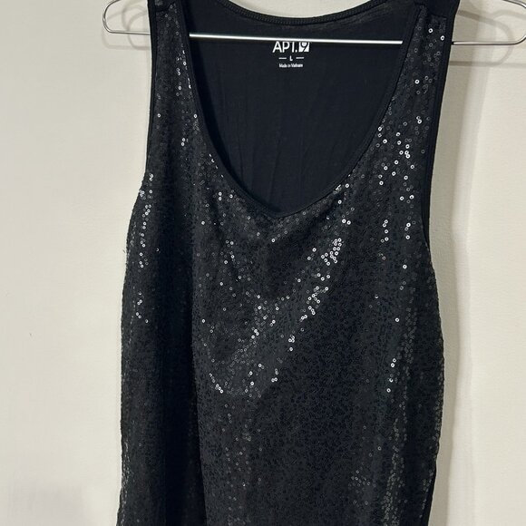 APT. 9 Black Sequin Scoop Neck Tank Top Size L Sleeveless Shell High Low Hem - Picture 3 of 11